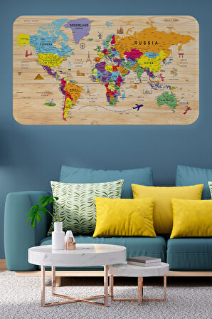 Ahşap Görünümlü Eğitici Detaylı Atlası Dünya Haritası Duvar Sticker-85x130-3842