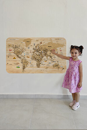 Ahşap Görünümlü Türkçe Eğitici Detaylı Atlası Dünya Haritası Duvar Sticker-85x130-3843