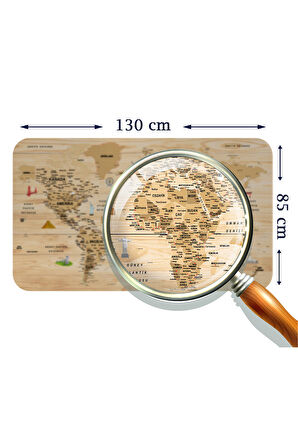 Ahşap Görünümlü Türkçe Eğitici Detaylı Atlası Dünya Haritası Duvar Sticker-85x130-3843