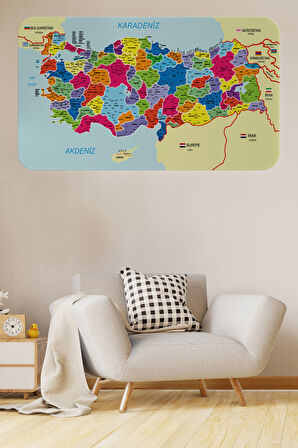 Eğitici ve Öğretici Detaylı Komşulu Türkiye Haritası Duvar Sticker-60x105-3845 | Dekoratif Sticker Duvar Süsü