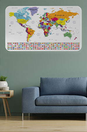 Ülke Bayrak lı Eğitici Başkent Detaylı Atlası Dünya Haritası Duvar Sticker -60x105-3848