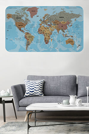 Türkçe Eğitici Ülke ve Başkent Okyanus Detaylı Atlası Dünya Haritası Duvar Sticker -85x130-3849