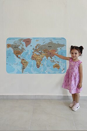 Türkçe Eğitici Ülke ve Başkent Okyanus Detaylı Atlası Dünya Haritası Duvar Sticker -85x130-3849