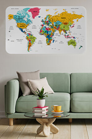 Türkçe Eğitici Ülke ve Başkent Detaylı Atlası Dünya Haritası Duvar Sticker -60x105-3851