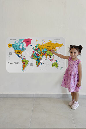Türkçe Eğitici Ülke ve Başkent Detaylı Atlası Dünya Haritası Duvar Sticker -60x105-3851