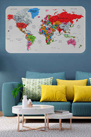 Eğitici Ülke ve Başkent Detaylı Atlası Dünya Haritası Duvar Sticker-85x130-3853