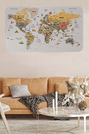 Türkçe Eğitici Ülke ve Başkent Detaylı Atlası Dünya Haritası Duvar Sticker-85x130-3854
