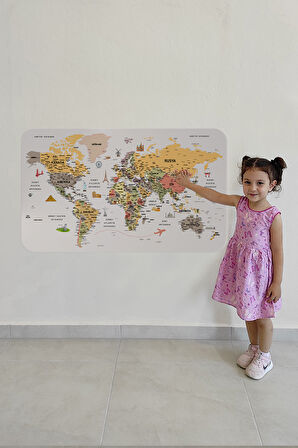 Türkçe Eğitici Ülke ve Başkent Detaylı Atlası Dünya Haritası Duvar Sticker -60x105-3854
