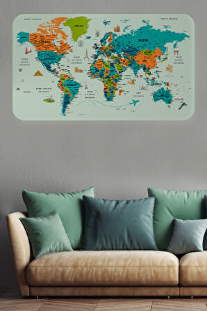 Türkçe Eğitici Ülke ve Başkent Detaylı Atlası Dünya Haritası Duvar Sticker-85x130-3855
