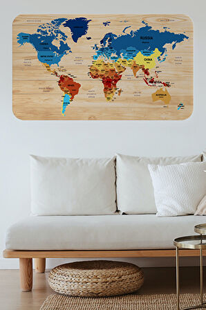 Ahşap Görünümlü Eğitici Detaylı Atlası Dünya Haritası Duvar Sticker-85x130-3856