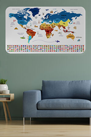 Ülke Bayrak lı Eğitici Başkent Detaylı Atlası Dünya Haritası Duvar Sticker-85x130-3857