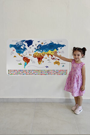 Ülke Bayrak lı Eğitici Başkent Detaylı Atlası Dünya Haritası Duvar Sticker -60x105-3857