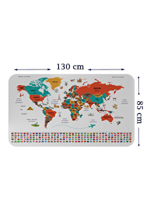 Türkçe Ülke Bayrak lı Eğitici Başkent Detaylı Atlası Dünya Haritası Duvar Sticker-85x130-3858