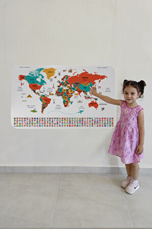 Türkçe Ülke Bayrak lı Eğitici Başkent Detaylı Atlası Dünya Haritası Duvar Sticker-85x130-3858