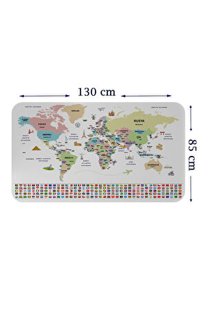 Türkçe Ülke Bayrak lı Eğitici Başkent Detaylı Atlası Dünya Haritası Duvar Sticker-85x130-3859