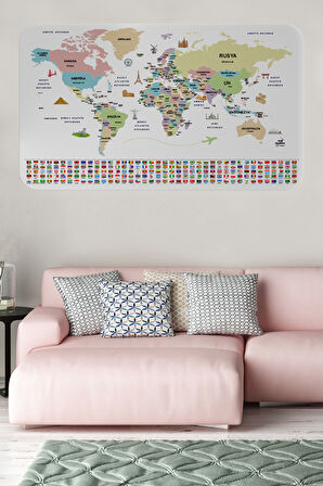 Türkçe Ülke Bayrak lı Eğitici Başkent Detaylı Atlası Dünya Haritası Duvar Sticker-85x130-3859