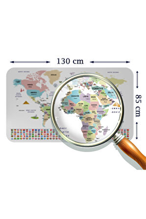 Türkçe Ülke Bayrak lı Eğitici Başkent Detaylı Atlası Dünya Haritası Duvar Sticker-85x130-3859