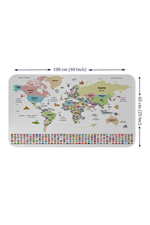 Türkçe Ülke Bayrak lı Eğitici Başkent Detaylı Atlası Dünya Haritası Duvar Sticker -60x105-3859