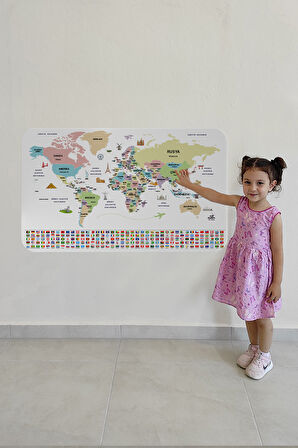 Türkçe Ülke Bayrak lı Eğitici Başkent Detaylı Atlası Dünya Haritası Duvar Sticker -60x105-3859
