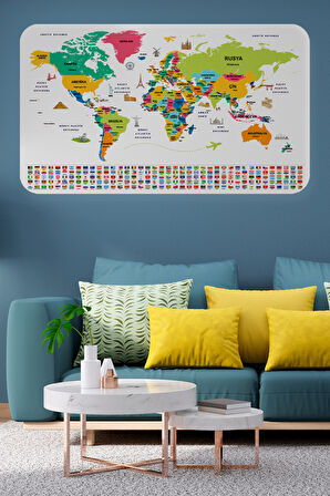 Türkçe Ülke Bayrak lı Eğitici Başkent Detaylı Atlası Dünya Haritası Duvar Sticker-85x130-3860