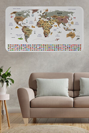 Türkçe Ülke Bayrak lı Eğitici Başkent Detaylı Atlası Dünya Haritası Duvar Sticker-85x130-3862