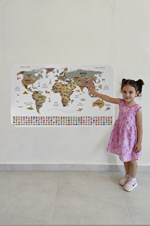 Türkçe Ülke Bayrak lı Eğitici Başkent Detaylı Atlası Dünya Haritası Duvar Sticker -60x105-3862