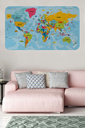 Türkçe Eğitici Ülke ve Başkent Okyanus Detaylı Atlası Dünya Haritası Duvar Sticker -85x130-3864
