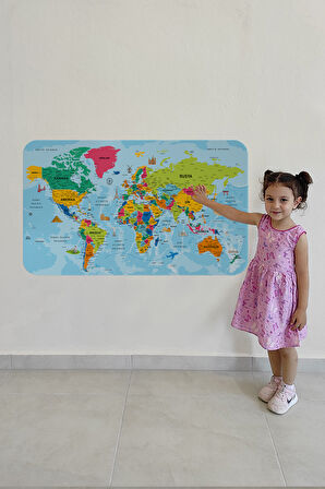 Türkçe Eğitici Ülke ve Başkent Okyanus Detaylı Atlası  Dünya Haritası Duvar Sticker -60x105-3865