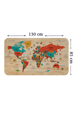 Ahşap Görünümlü Türkçe Eğitici Detaylı Atlası Dünya Haritası Duvar Sticker-85x130-3867
