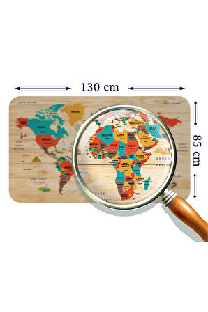 Ahşap Görünümlü Türkçe Eğitici Detaylı Atlası Dünya Haritası Duvar Sticker-85x130-3867