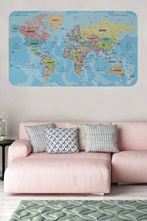Türkçe Eğitici Ülke ve Başkent Okyanus Detaylı Atlası Dünya Haritası Duvar Sticker -85x130-3869