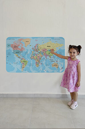 Türkçe Eğitici Ülke ve Başkent Okyanus Detaylı Atlası Dünya Haritası Duvar Sticker -85x130-3869