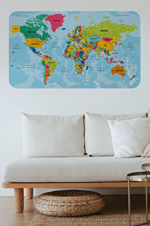 Türkçe Eğitici Ülke ve Başkent Okyanus Detaylı Atlası Dünya Haritası Duvar Sticker -85x130-3870