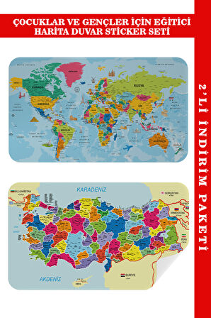 Eğitici ve Öğretici Dünya ve Türkiye Haritası Çocuk Odası Duvar Sticker-85x130-3882