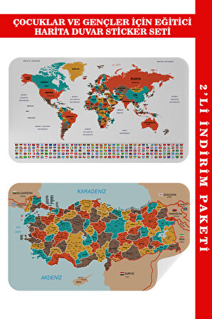 Eğitici - Öğretici Dünya ve Türkiye Haritası Çocuk Odası Duvar Sticker-85x130-3886