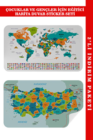 Eğitici Öğretici Dünya ve Türkiye Haritası Çocuk Odası Duvar Sticker-60x105-3887