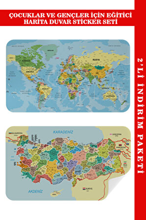 Eğitici - Öğretici Dünya ve Türkiye Haritası Çocuk Odası Duvar Sticker-85x130-3888