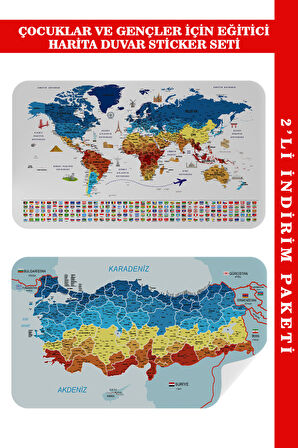 Eğitici - Öğretici Dünya ve Türkiye Haritası Çocuk Odası Duvar Sticker-60x105-3891