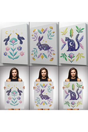 3’lü Tablo Hayvan Temalı Takım Dekoratif Şık ve Modern Duvar Tablo Seti-AŞ-19