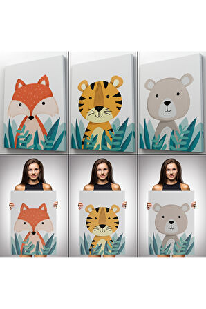 3’lü Tablo Sevimli Üç Hayvan Takımu Dekoratif Duvar Tablo Seti-BO-39