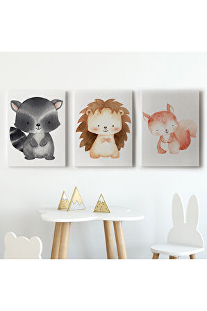 3’lü Tablo Sevimli Üç Hayvan Takımu Dekoratif Duvar Tablo Seti-CD-54