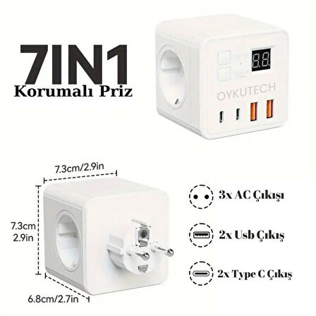 Oykutech Akım Korumalı Priz 3x AC 2x Usb 2x Type C Çıkış