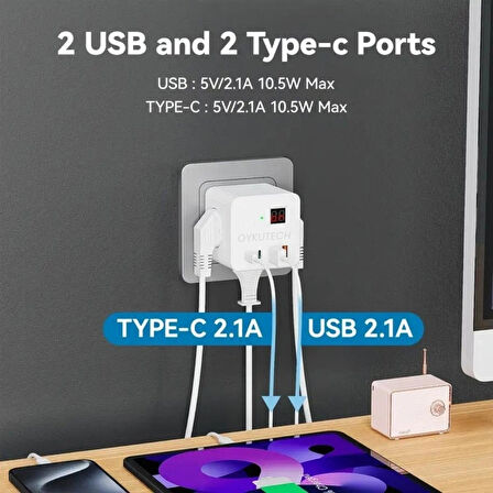 Oykutech Akım Korumalı Priz 3x AC 2x Usb 2x Type C Çıkış