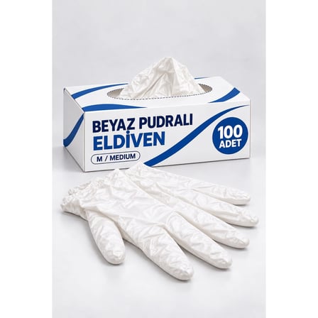 100 Adet 1 Paket Pudralı Hijyenik Eldiven Doktor Muayne Eldiveni Medium Tek Kullanımlık