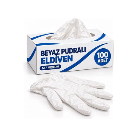 100 Adet 1 Paket Pudralı Hijyenik Eldiven Doktor Muayne Eldiveni Medium Tek Kullanımlık