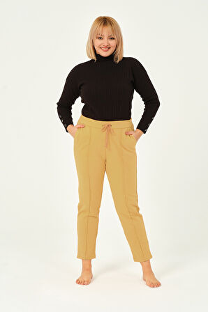 Hardal Rengi Üç Iplik Pileli Cepli Pamuklu Kadın Büyük Beden Eşofman Altı