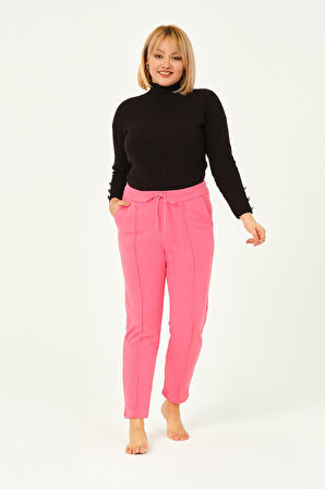 Hardal Rengi Üç Iplik Pileli Cepli Pamuklu Kadın Büyük Beden Eşofman Altı