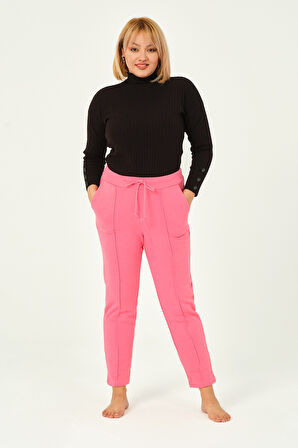 Hardal Rengi Üç Iplik Pileli Cepli Pamuklu Kadın Büyük Beden Eşofman Altı