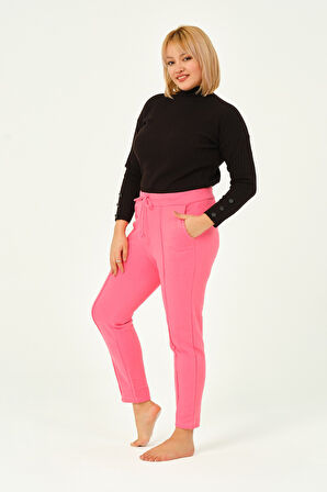 Hardal Rengi Üç Iplik Pileli Cepli Pamuklu Kadın Büyük Beden Eşofman Altı