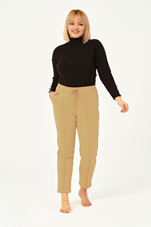 Hardal Rengi Üç Iplik Pileli Cepli Pamuklu Kadın Büyük Beden Eşofman Altı